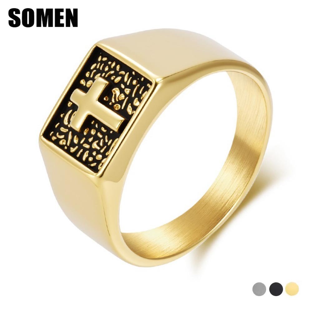 Mens Signet Ring - Somen Vintage Edelstahl Kreuz Siegelring Für
