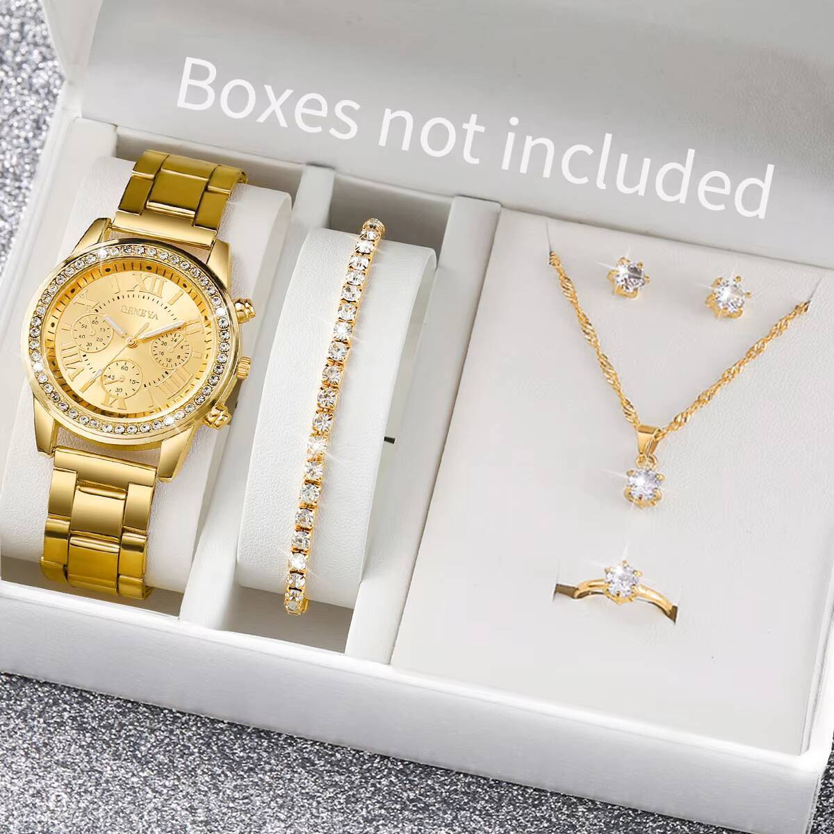 Jewelry Box Watches Bracelets - 6 Stück/Set Mode-Strass-Damenuhren, analoge Quarz-Armbanduhr, Schmuckset,