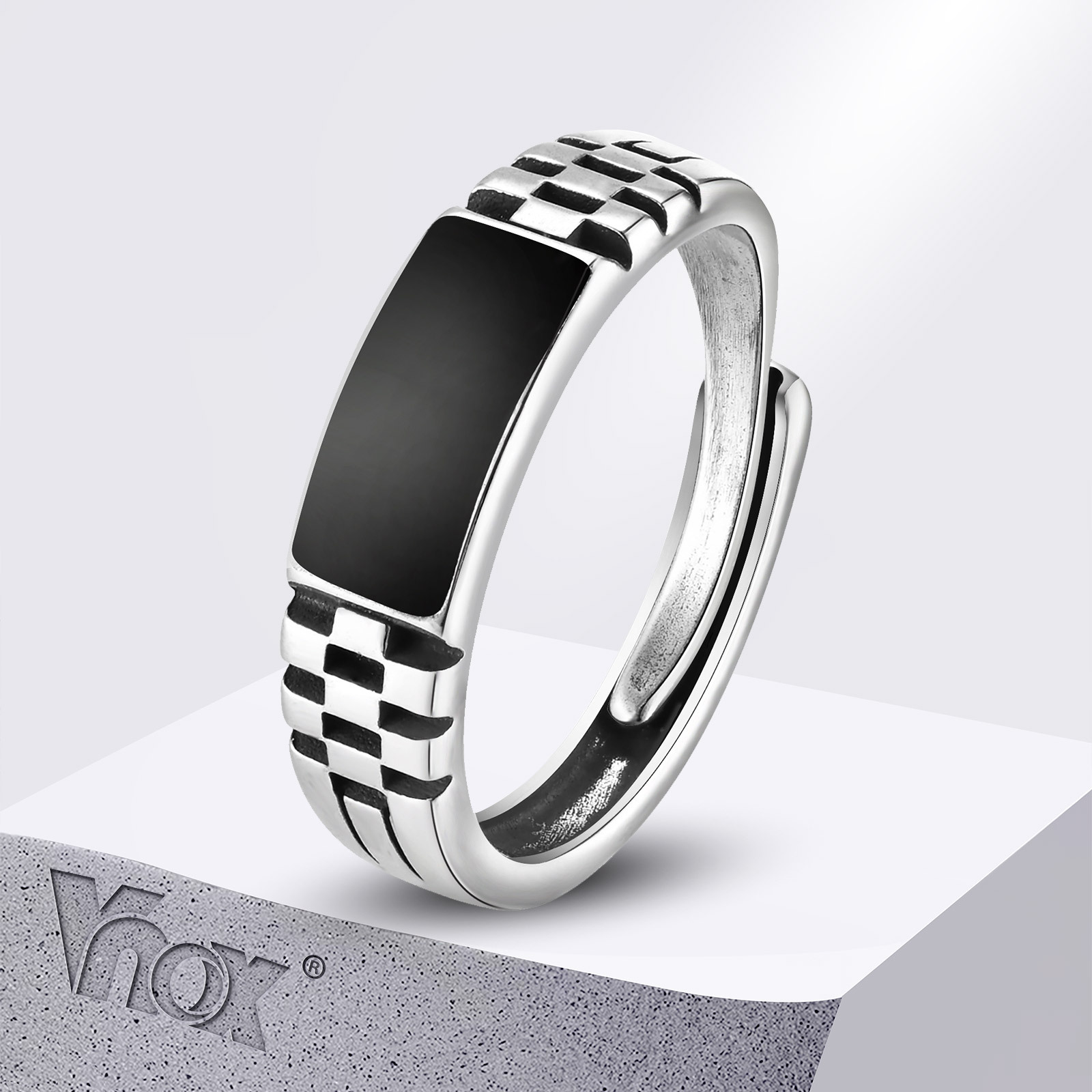Mens Signet Ring - Vnox Offene Herrenringe, schwarzer Emaille-Siegelring, Uhrenarmband
