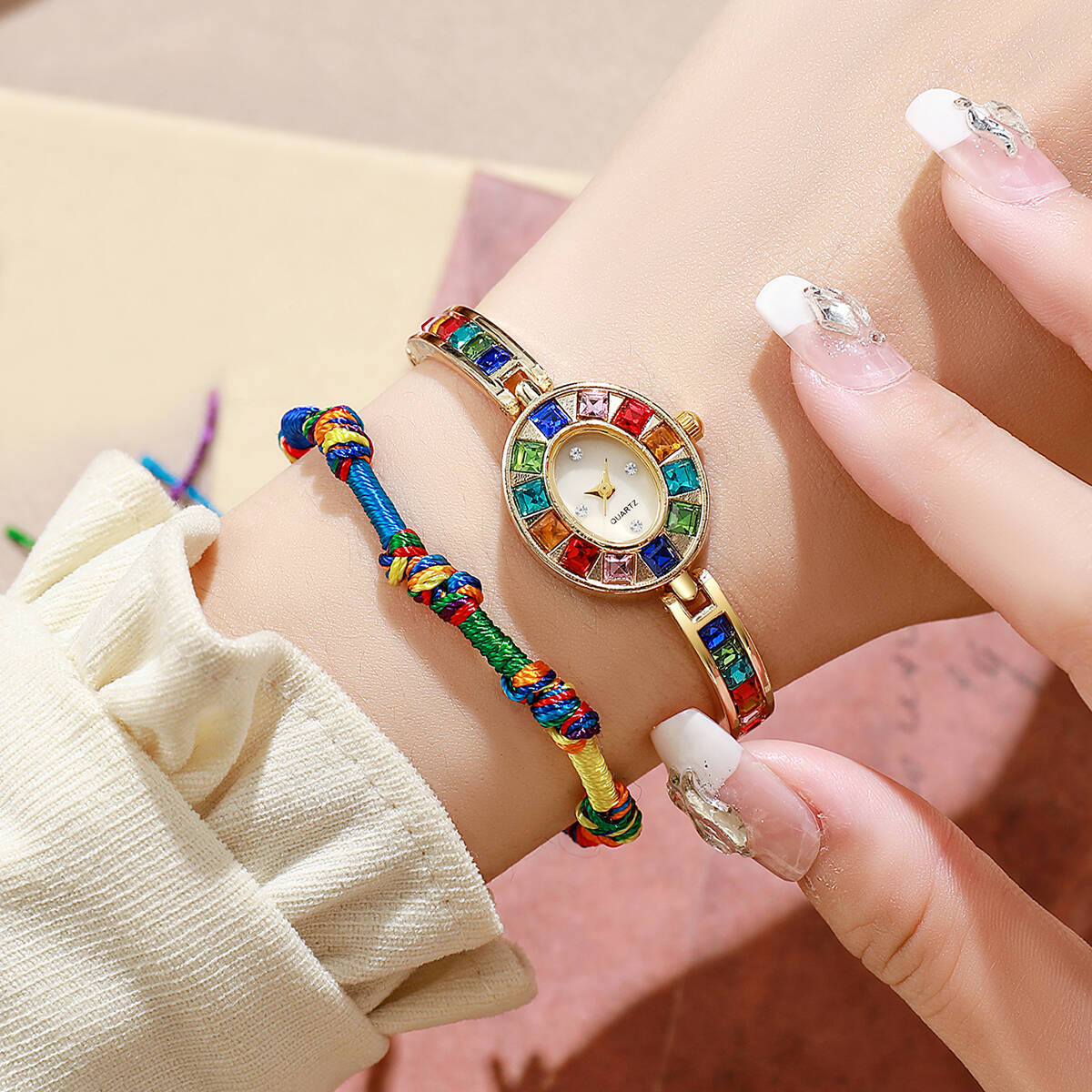 Jewelry Watches Women - 2-teiliges Set Luxus-Strass-Damenuhren, modisches Armband, Quarzuhr,