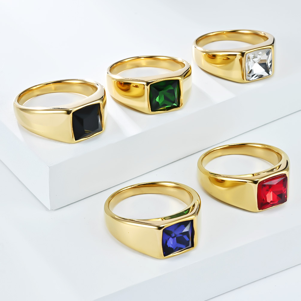 Mens Signet Ring - Edelstahl-Siegelring mit glänzendem Zirkon und quadratischem