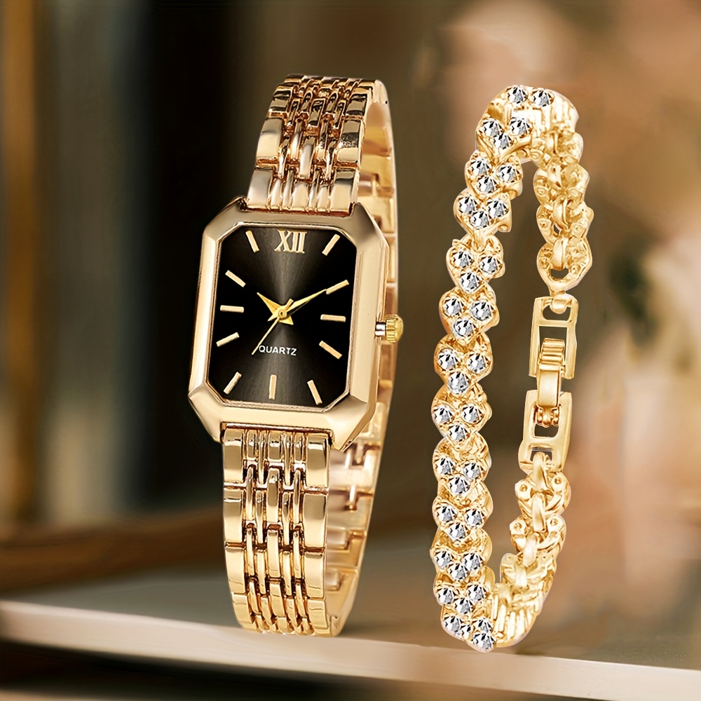 Jewelry Watches Women - 2-teiliges Modisches Rechteckiges Damen-Quarzuhren-Set mit Strass-Armband,