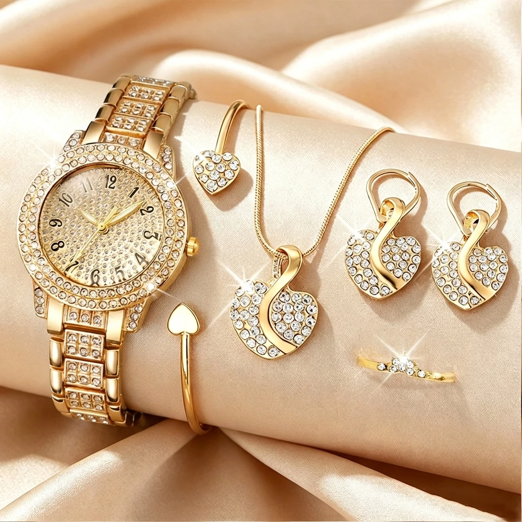Jewelry Watch Making - 6-teiliges Modisches Strass-Uhrenset für Damen Herz-Schmuckset