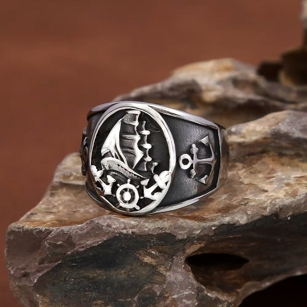 Mens Signet Ring - Vintage Nautischer Nordischer Segelboot-Piraten-Siegelring aus Edelstahl